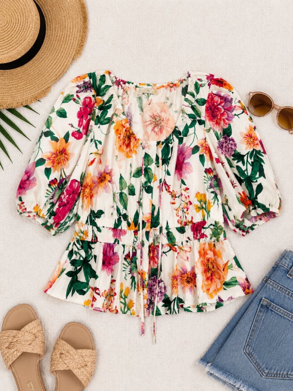 Joie Size Medium Floral Peplum Blouse Puff Sleeve Tie Front Boho